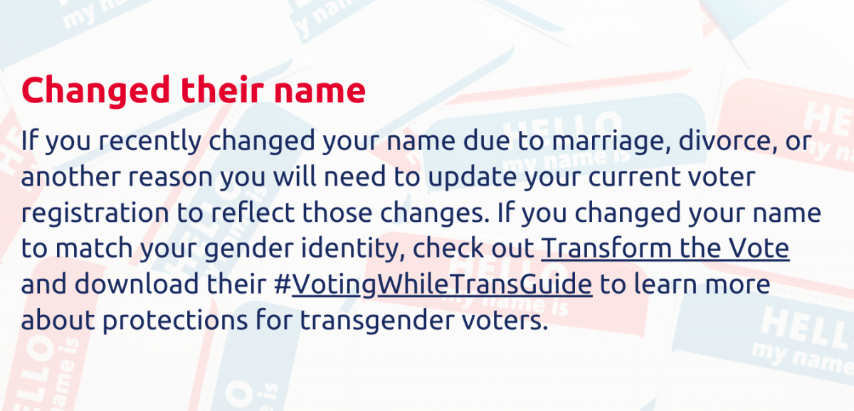 Changed their name. If you recently changed your name due to marriage, divorce, or another reason you will need to update your current voter registration to reflect those changes. If you changed your name to match your gender identity, check out Transform the Vote and download their #VotingWhileTransGuide to learn more about protections for transgender voters.