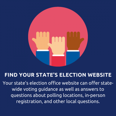 Find your state's election website. Your state’s election office website can offer state-wide voting guidance as well as answers to questions about polling locations, in-person registration, and other local questions.