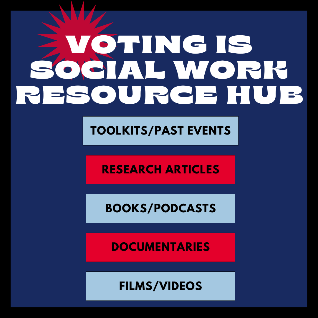 Button 3: Voting Is Social Work Resource Hub. Toolkits/past events, research articles, books/podcasts, documentaries, films/videos.